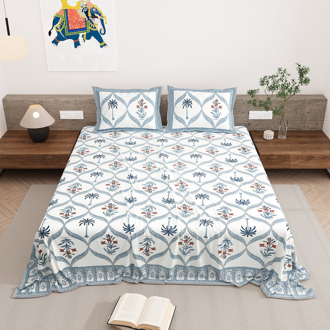 Bella Casa Fashion & Retail Ltd BEDSHEET 87 X 108 Inch / Blue & Orange / Cotton Double King Size Bedsheet with 2 Pillow Covers Motifs Printed Cotton Blue & Orange Colour - Heritage Collection