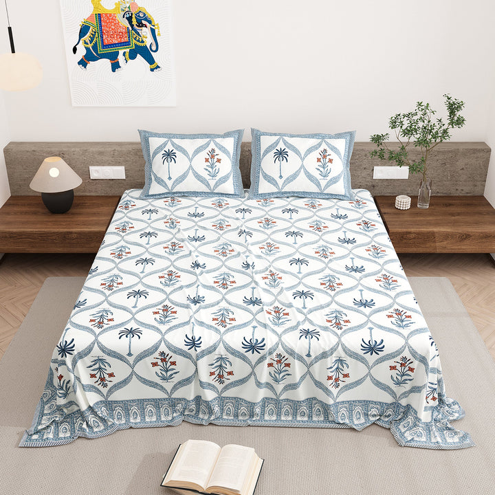 Bella Casa Fashion & Retail Ltd BEDSHEET 87 X 108 Inch / Blue & Orange / Cotton Double King Size Bedsheet with 2 Pillow Covers Motifs Printed Cotton Blue & Orange Colour - Heritage Collection