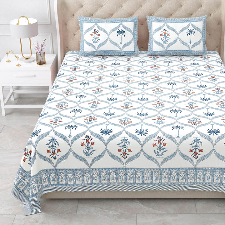 Bella Casa Fashion & Retail Ltd BEDSHEET 87 X 108 Inch / Blue & Orange / Cotton Double King Size Bedsheet with 2 Pillow Covers Motifs Printed Cotton Blue & Orange Colour - Heritage Collection