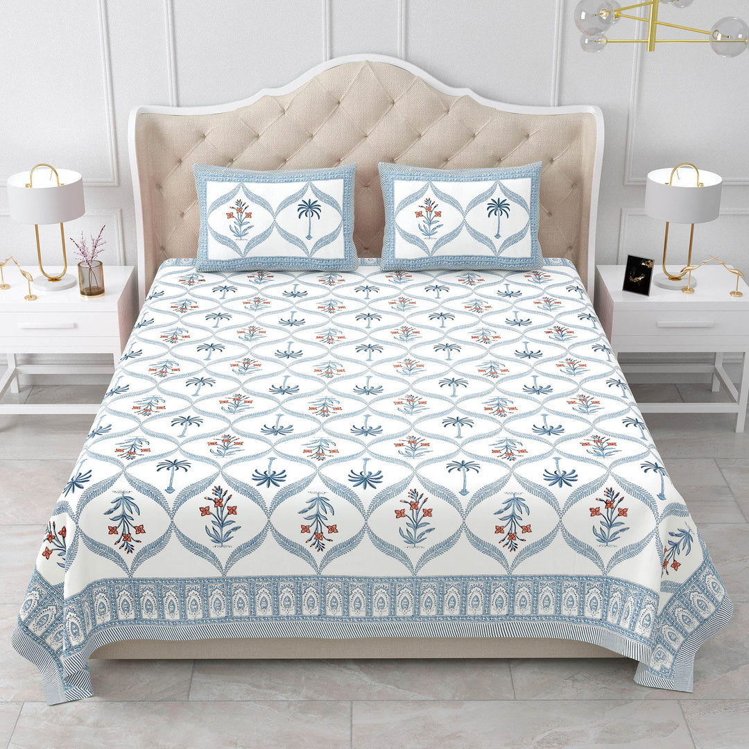 Bella Casa Fashion & Retail Ltd BEDSHEET 87 X 108 Inch / Blue & Orange / Cotton Double King Size Bedsheet with 2 Pillow Covers Motifs Printed Cotton Blue & Orange Colour - Heritage Collection