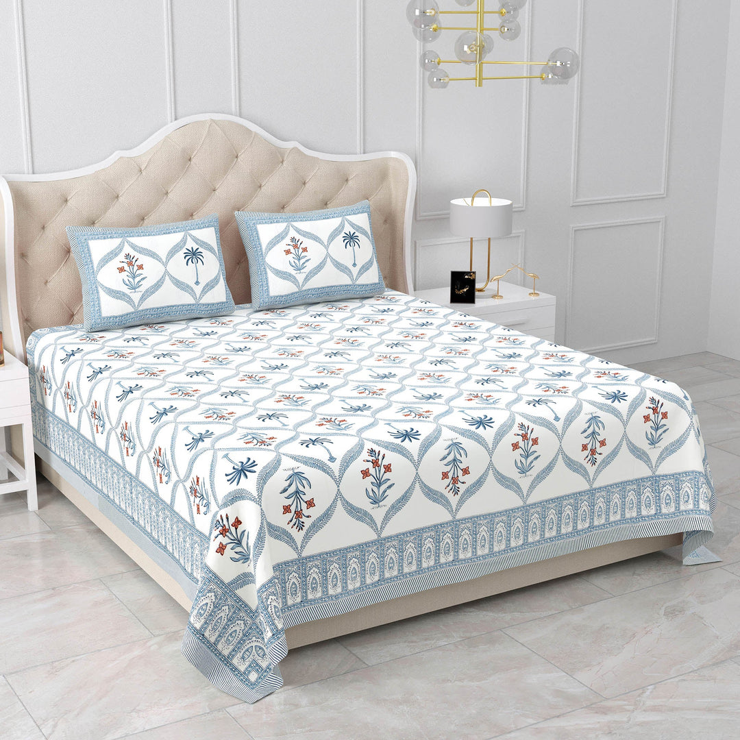 Bella Casa Fashion & Retail Ltd BEDSHEET 87 X 108 Inch / Blue & Orange / Cotton Double King Size Bedsheet with 2 Pillow Covers Motifs Printed Cotton Blue & Orange Colour - Heritage Collection