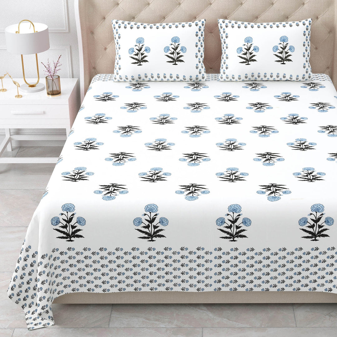 Bella Casa Fashion & Retail Ltd BEDSHEET 87 X 108 Inch / Blue & Whit / Cotton Double King Size Bedsheet with 2 Pillow Covers Motifs Printed Cotton Blue & White Colour - Heritage Collection
