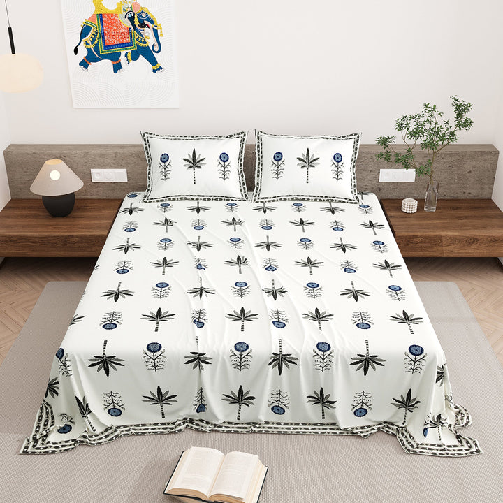 Bella Casa Fashion & Retail Ltd BEDSHEET 87 X 108 Inch / Green & Blue / Cotton Double King Size Bedsheet with 2 Pillow Covers Motifs Printed Cotton Green & Blue Colour - Heritage Collection