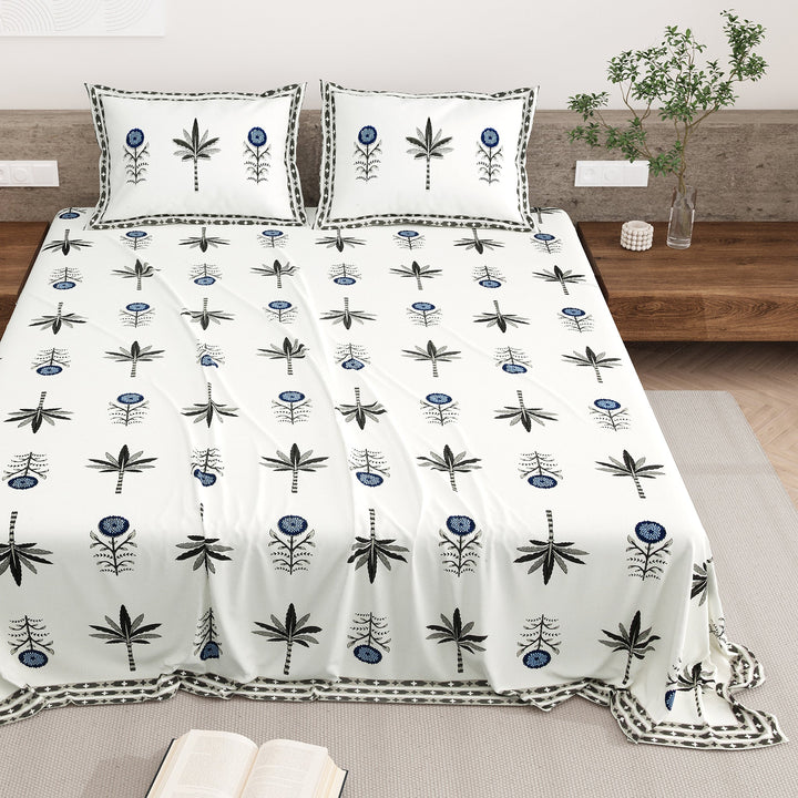 Bella Casa Fashion & Retail Ltd BEDSHEET 87 X 108 Inch / Green & Blue / Cotton Double King Size Bedsheet with 2 Pillow Covers Motifs Printed Cotton Green & Blue Colour - Heritage Collection