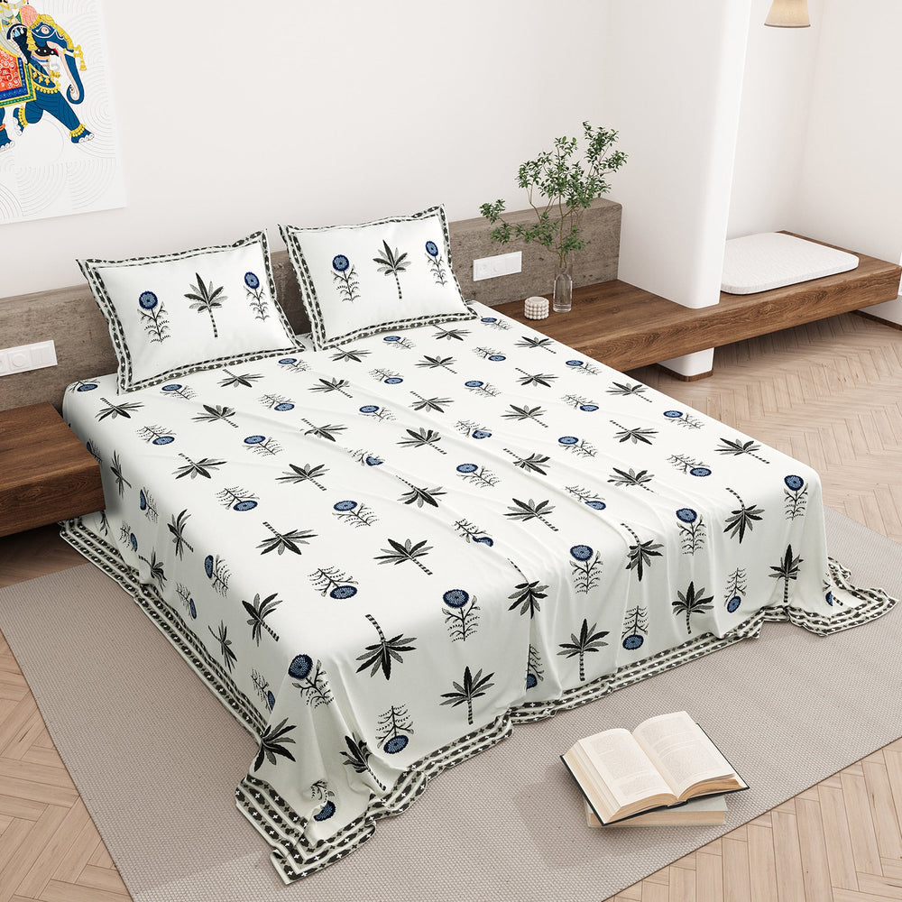 Bella Casa Fashion & Retail Ltd BEDSHEET 87 X 108 Inch / Green & Blue / Cotton Double King Size Bedsheet with 2 Pillow Covers Motifs Printed Cotton Green & Blue Colour - Heritage Collection