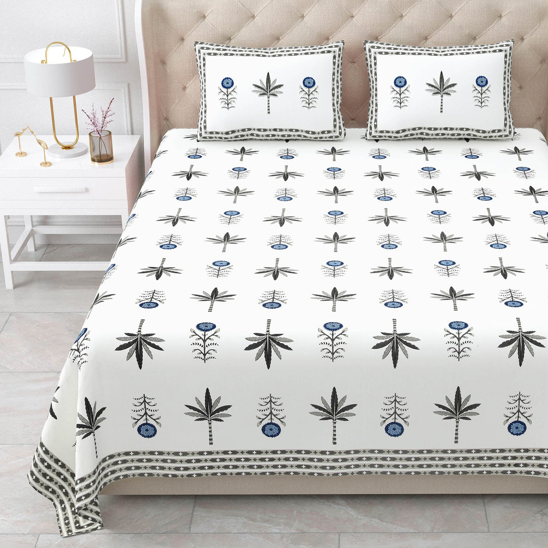 Bella Casa Fashion & Retail Ltd BEDSHEET 87 X 108 Inch / Green & Blue / Cotton Double King Size Bedsheet with 2 Pillow Covers Motifs Printed Cotton Green & Blue Colour - Heritage Collection