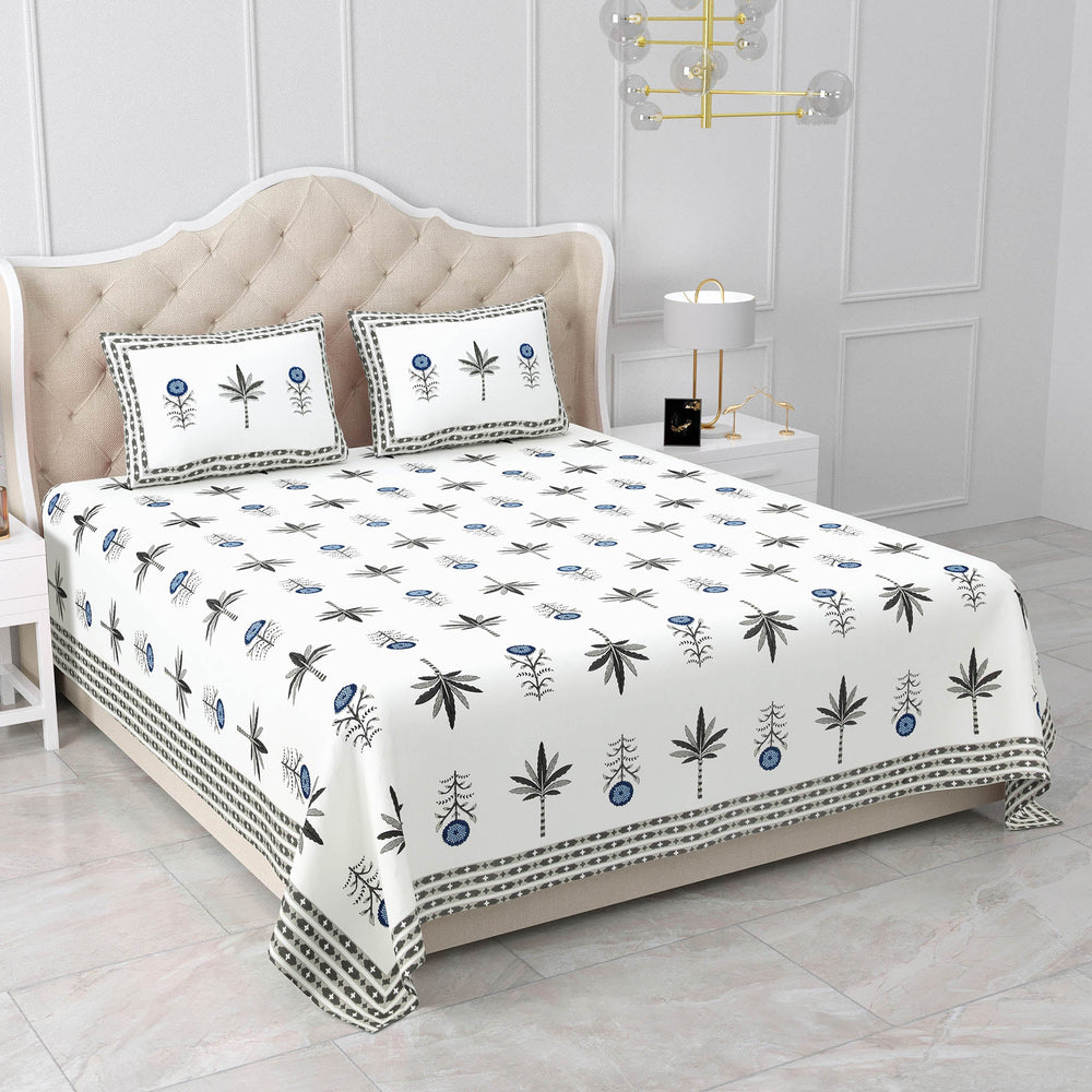 Bella Casa Fashion & Retail Ltd BEDSHEET 87 X 108 Inch / Green & Blue / Cotton Double King Size Bedsheet with 2 Pillow Covers Motifs Printed Cotton Green & Blue Colour - Heritage Collection