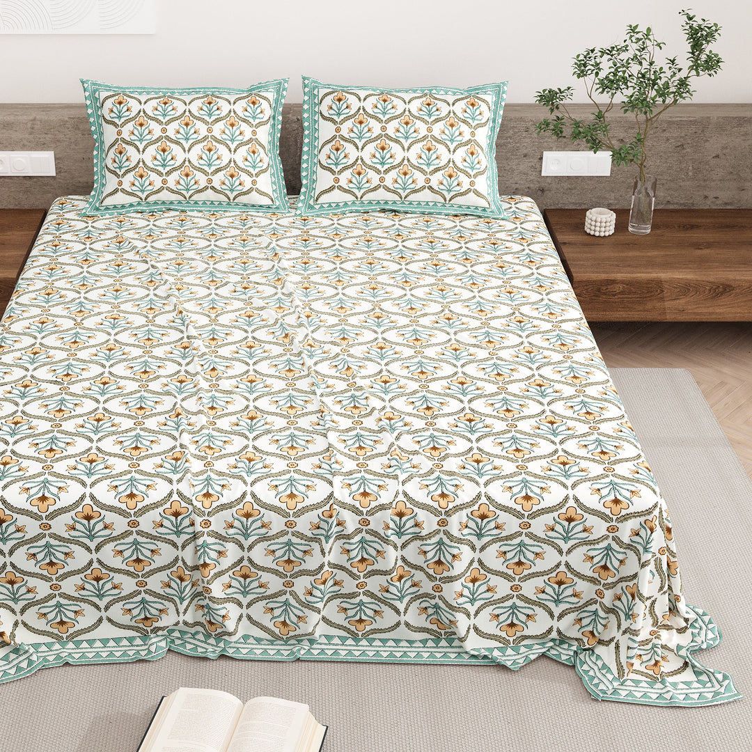 Bella Casa Fashion & Retail Ltd BEDSHEET 87 X 108 Inch / Green & Mustard / Cotton Double King Size Bedsheet with 2 Pillow Covers Motifs Printed Cotton Green & Mustard Colour - Heritage Collection