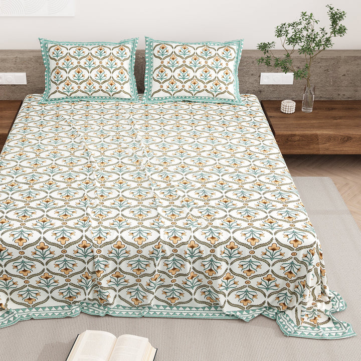 Bella Casa Fashion & Retail Ltd BEDSHEET 87 X 108 Inch / Green & Mustard / Cotton Double King Size Bedsheet with 2 Pillow Covers Motifs Printed Cotton Green & Mustard Colour - Heritage Collection