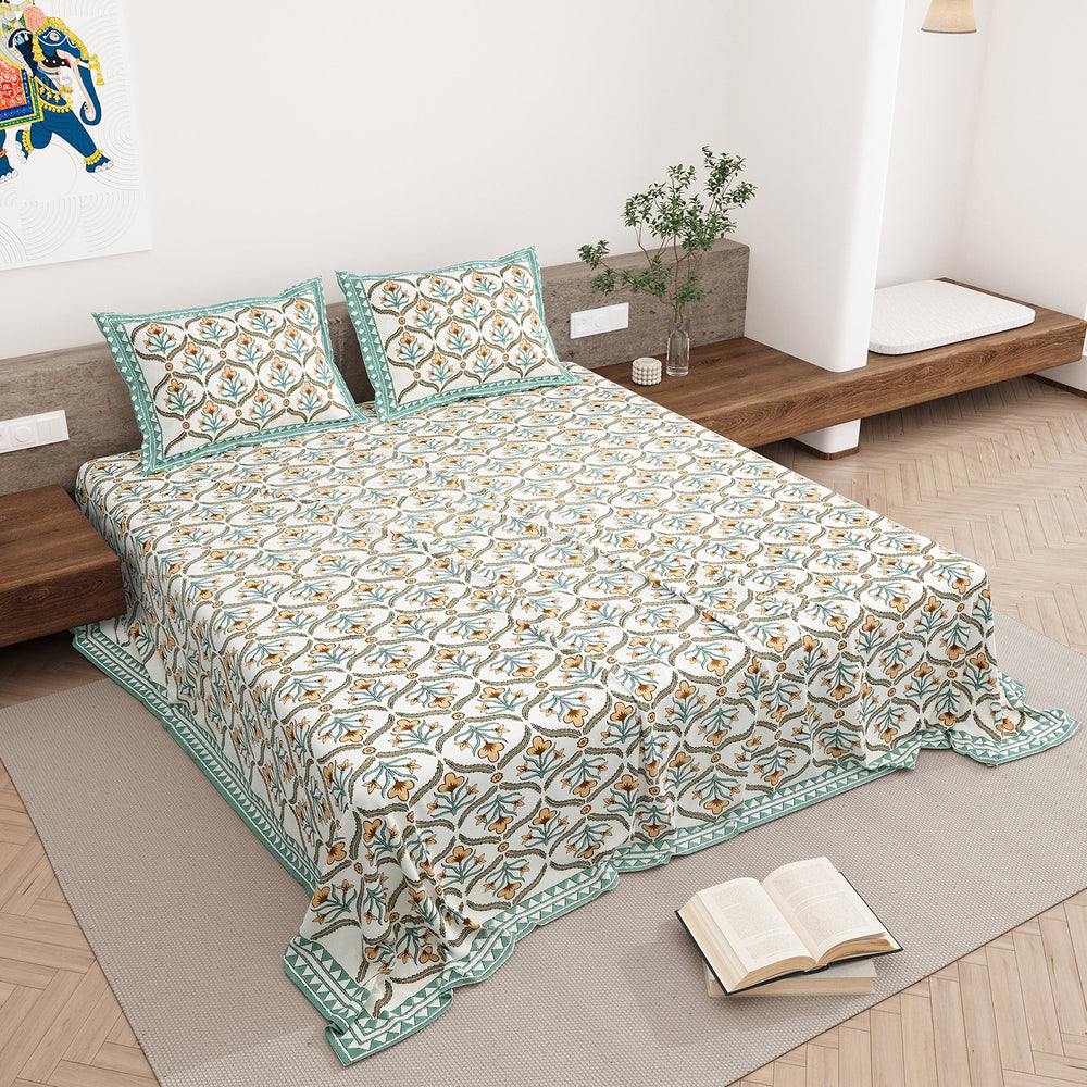 Bella Casa Fashion & Retail Ltd BEDSHEET 87 X 108 Inch / Green & Mustard / Cotton Double King Size Bedsheet with 2 Pillow Covers Motifs Printed Cotton Green & Mustard Colour - Heritage Collection