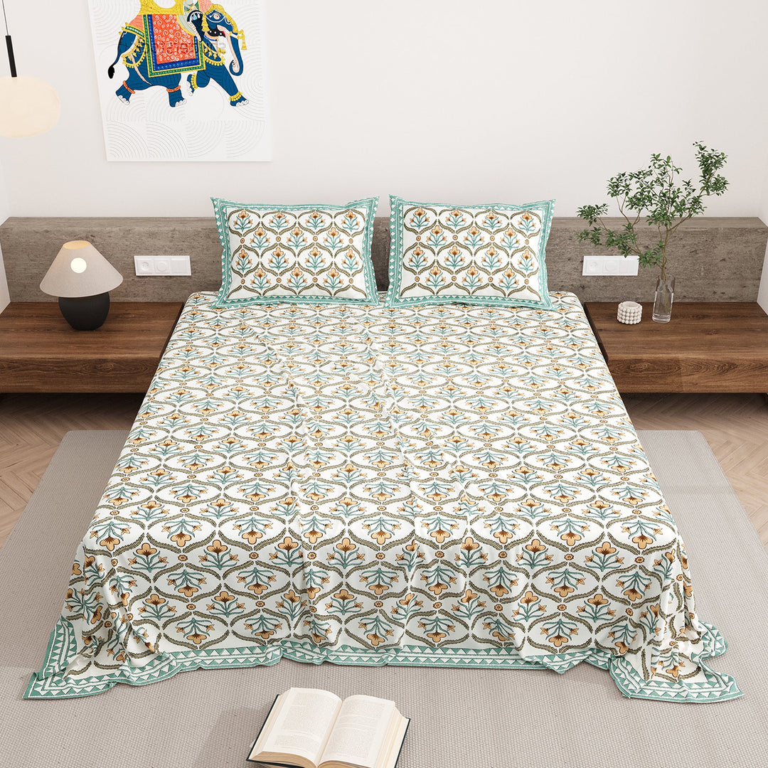 Bella Casa Fashion & Retail Ltd BEDSHEET 87 X 108 Inch / Green & Mustard / Cotton Double King Size Bedsheet with 2 Pillow Covers Motifs Printed Cotton Green & Mustard Colour - Heritage Collection