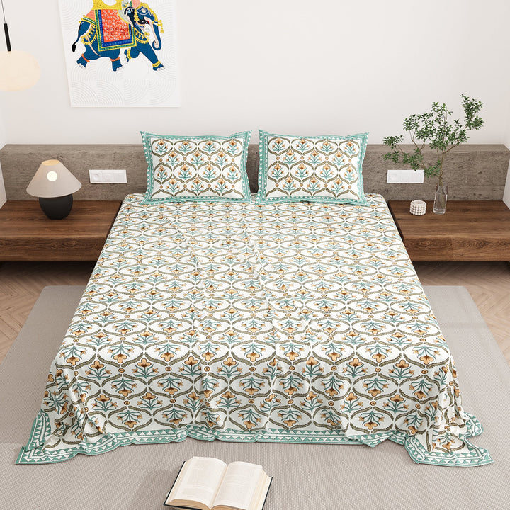 Bella Casa Fashion & Retail Ltd BEDSHEET 87 X 108 Inch / Green & Mustard / Cotton Double King Size Bedsheet with 2 Pillow Covers Motifs Printed Cotton Green & Mustard Colour - Heritage Collection
