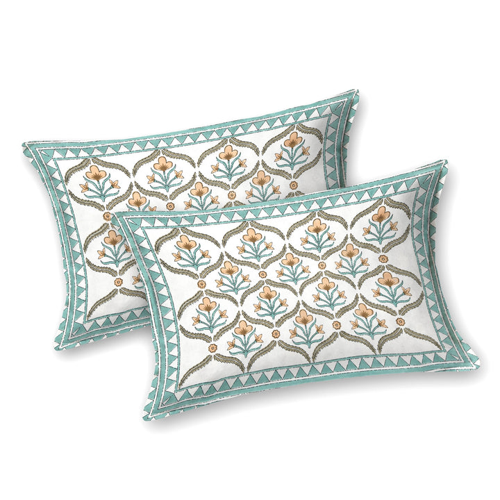 Bella Casa Fashion & Retail Ltd BEDSHEET 87 X 108 Inch / Green & Mustard / Cotton Double King Size Bedsheet with 2 Pillow Covers Motifs Printed Cotton Green & Mustard Colour - Heritage Collection