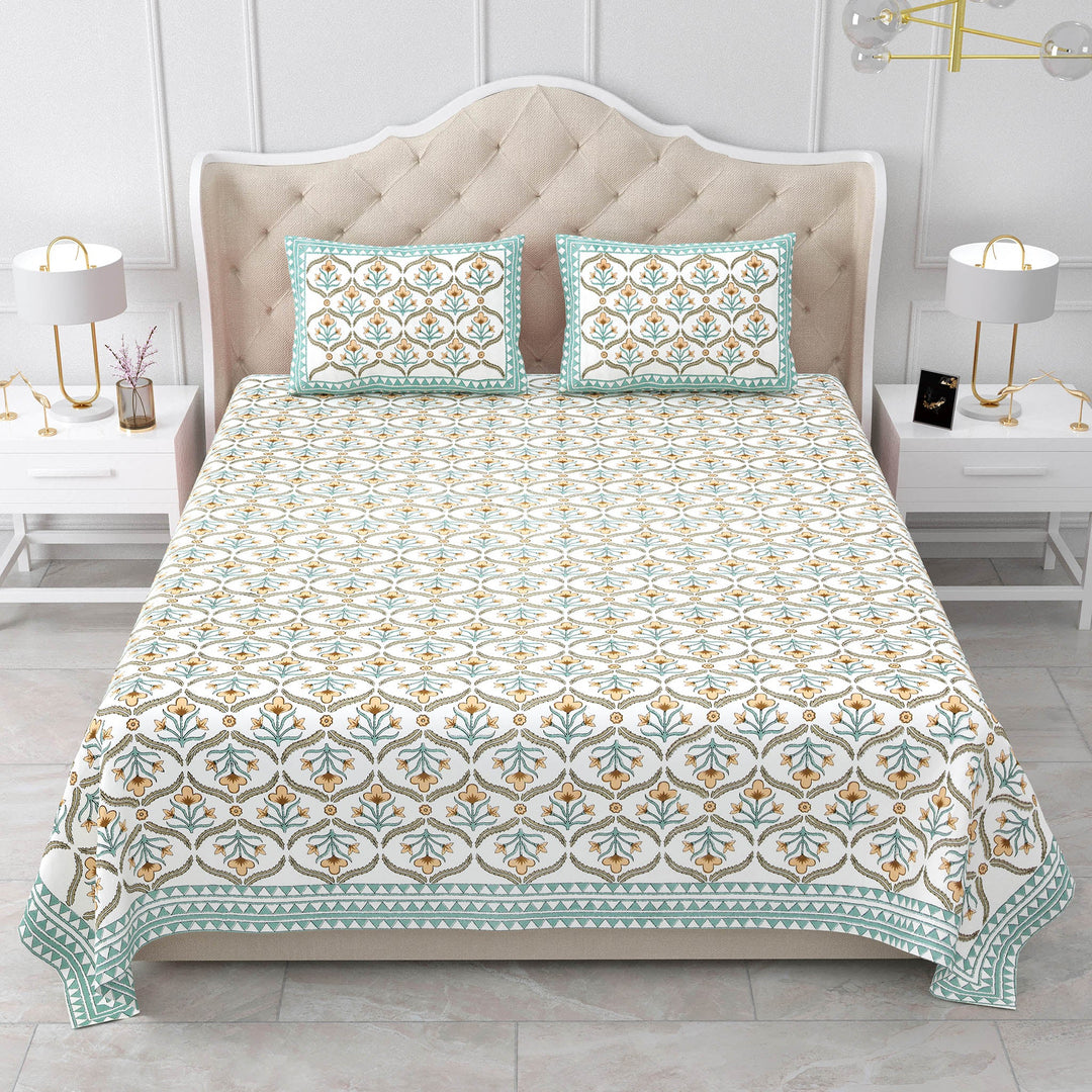 Bella Casa Fashion & Retail Ltd BEDSHEET 87 X 108 Inch / Green & Mustard / Cotton Double King Size Bedsheet with 2 Pillow Covers Motifs Printed Cotton Green & Mustard Colour - Heritage Collection