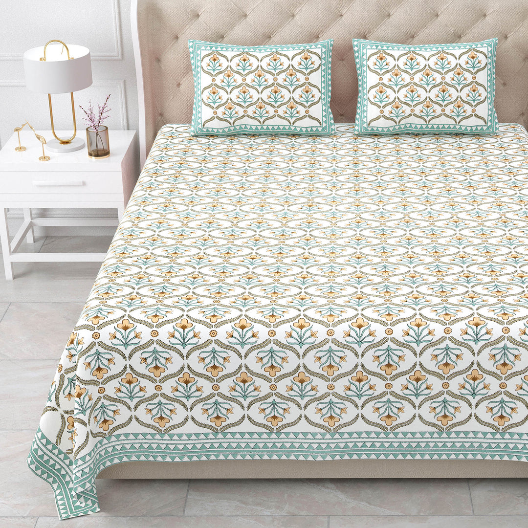 Bella Casa Fashion & Retail Ltd BEDSHEET 87 X 108 Inch / Green & Mustard / Cotton Double King Size Bedsheet with 2 Pillow Covers Motifs Printed Cotton Green & Mustard Colour - Heritage Collection
