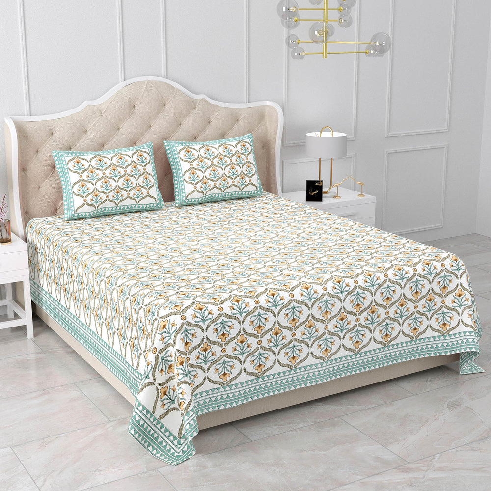 Bella Casa Fashion & Retail Ltd BEDSHEET 87 X 108 Inch / Green & Mustard / Cotton Double King Size Bedsheet with 2 Pillow Covers Motifs Printed Cotton Green & Mustard Colour - Heritage Collection