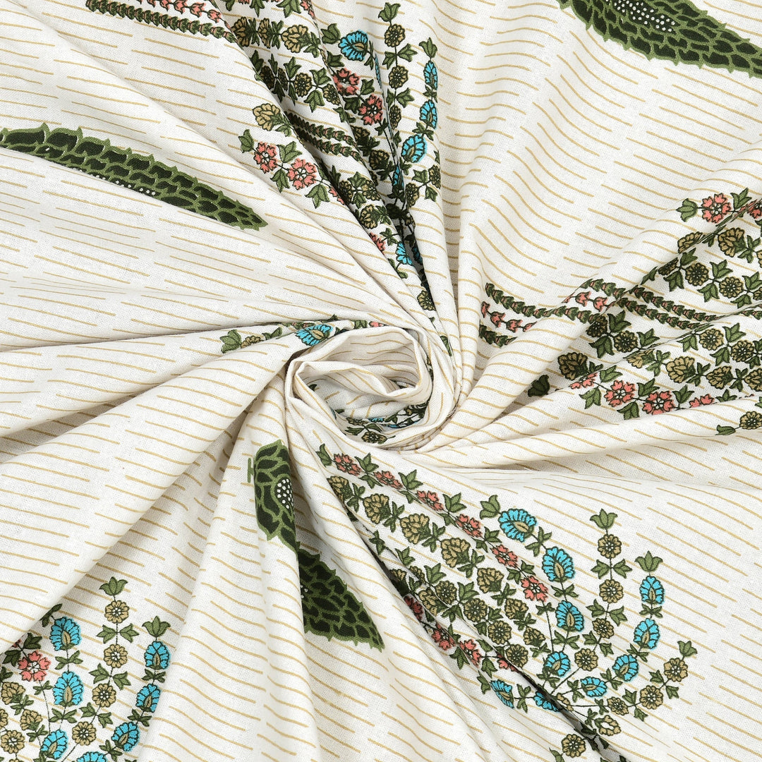 Bella Casa Fashion & Retail Ltd BEDSHEET 87 X 108 Inch / Green & Off-White / Cotton Double King Size Bedsheet with 2 Pillow Covers Motifs Printed Cotton Green & Off-White Colour - Heritage Collection