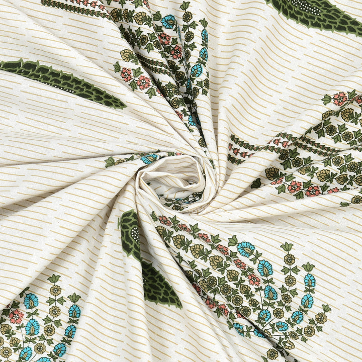 Bella Casa Fashion & Retail Ltd BEDSHEET 87 X 108 Inch / Green & Off-White / Cotton Double King Size Bedsheet with 2 Pillow Covers Motifs Printed Cotton Green & Off-White Colour - Heritage Collection