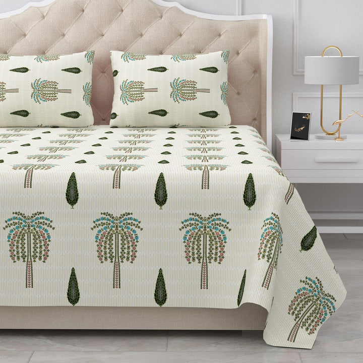 Bella Casa Fashion & Retail Ltd BEDSHEET 87 X 108 Inch / Green & Off-White / Cotton Double King Size Bedsheet with 2 Pillow Covers Motifs Printed Cotton Green & Off-White Colour - Heritage Collection