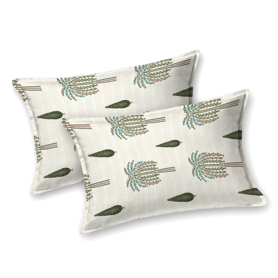 Bella Casa Fashion & Retail Ltd BEDSHEET 87 X 108 Inch / Green & Off-White / Cotton Double King Size Bedsheet with 2 Pillow Covers Motifs Printed Cotton Green & Off-White Colour - Heritage Collection