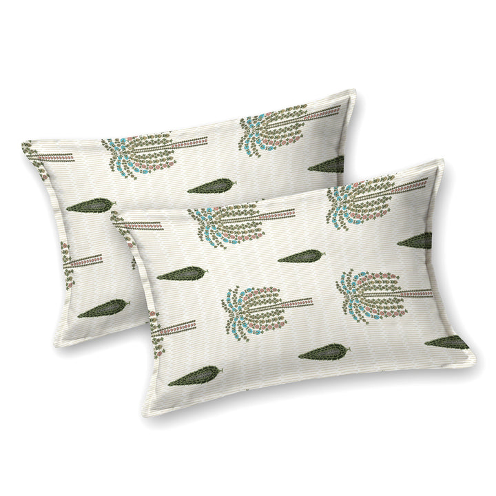 Bella Casa Fashion & Retail Ltd BEDSHEET 87 X 108 Inch / Green & Off-White / Cotton Double King Size Bedsheet with 2 Pillow Covers Motifs Printed Cotton Green & Off-White Colour - Heritage Collection