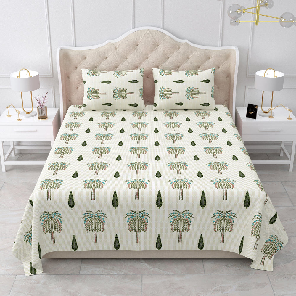 Bella Casa Fashion & Retail Ltd BEDSHEET 87 X 108 Inch / Green & Off-White / Cotton Double King Size Bedsheet with 2 Pillow Covers Motifs Printed Cotton Green & Off-White Colour - Heritage Collection