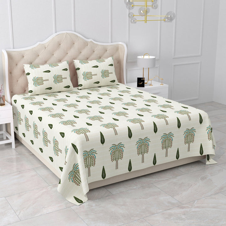 Bella Casa Fashion & Retail Ltd BEDSHEET 87 X 108 Inch / Green & Off-White / Cotton Double King Size Bedsheet with 2 Pillow Covers Motifs Printed Cotton Green & Off-White Colour - Heritage Collection