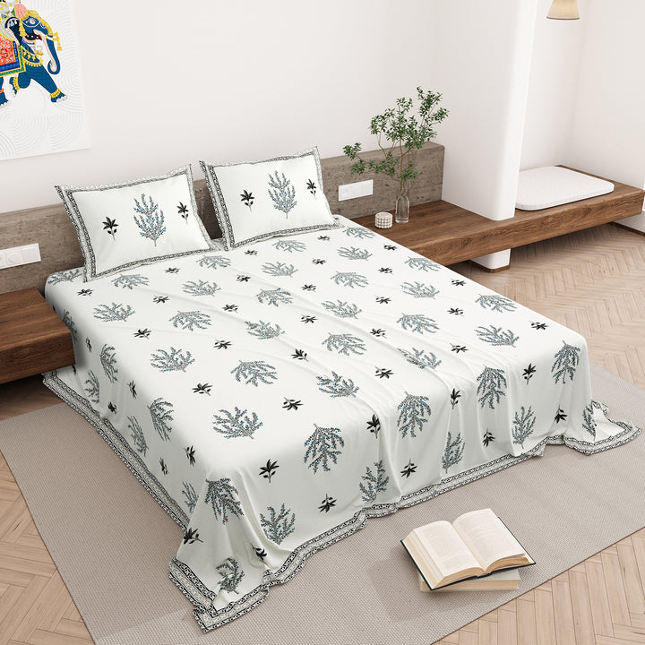 Bella Casa Fashion & Retail Ltd BEDSHEET 87 X 108 Inch / Grey & Sky Blue / Cotton Double King Size Bedsheet with 2 Pillow Covers Motifs Printed Cotton Grey & Sky Blue Colour - Heritage Collection