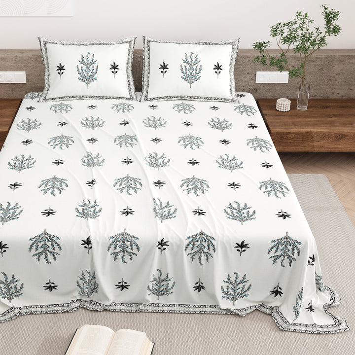 Bella Casa Fashion & Retail Ltd BEDSHEET 87 X 108 Inch / Grey & Sky Blue / Cotton Double King Size Bedsheet with 2 Pillow Covers Motifs Printed Cotton Grey & Sky Blue Colour - Heritage Collection