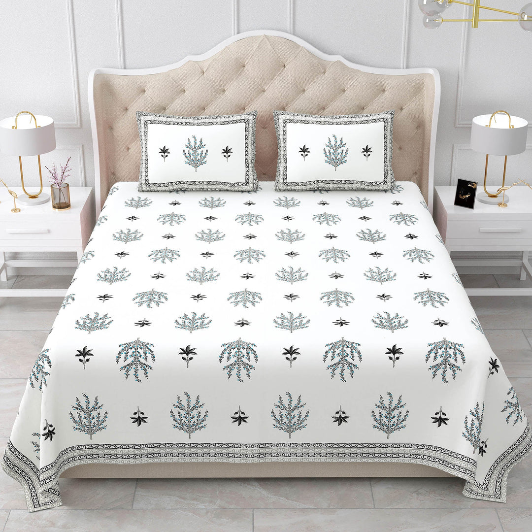 Bella Casa Fashion & Retail Ltd BEDSHEET 87 X 108 Inch / Grey & Sky Blue / Cotton Double King Size Bedsheet with 2 Pillow Covers Motifs Printed Cotton Grey & Sky Blue Colour - Heritage Collection