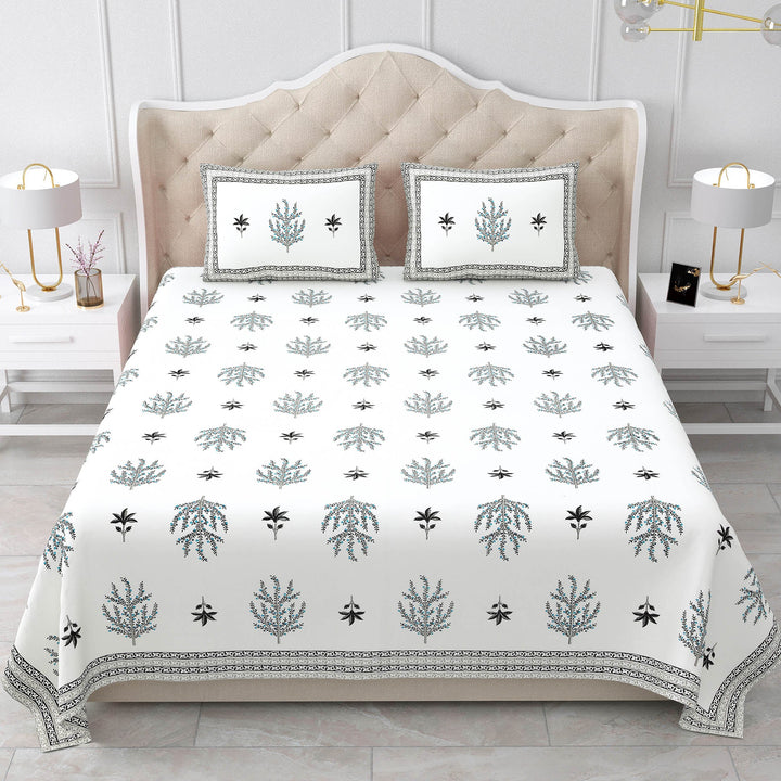 Bella Casa Fashion & Retail Ltd BEDSHEET 87 X 108 Inch / Grey & Sky Blue / Cotton Double King Size Bedsheet with 2 Pillow Covers Motifs Printed Cotton Grey & Sky Blue Colour - Heritage Collection