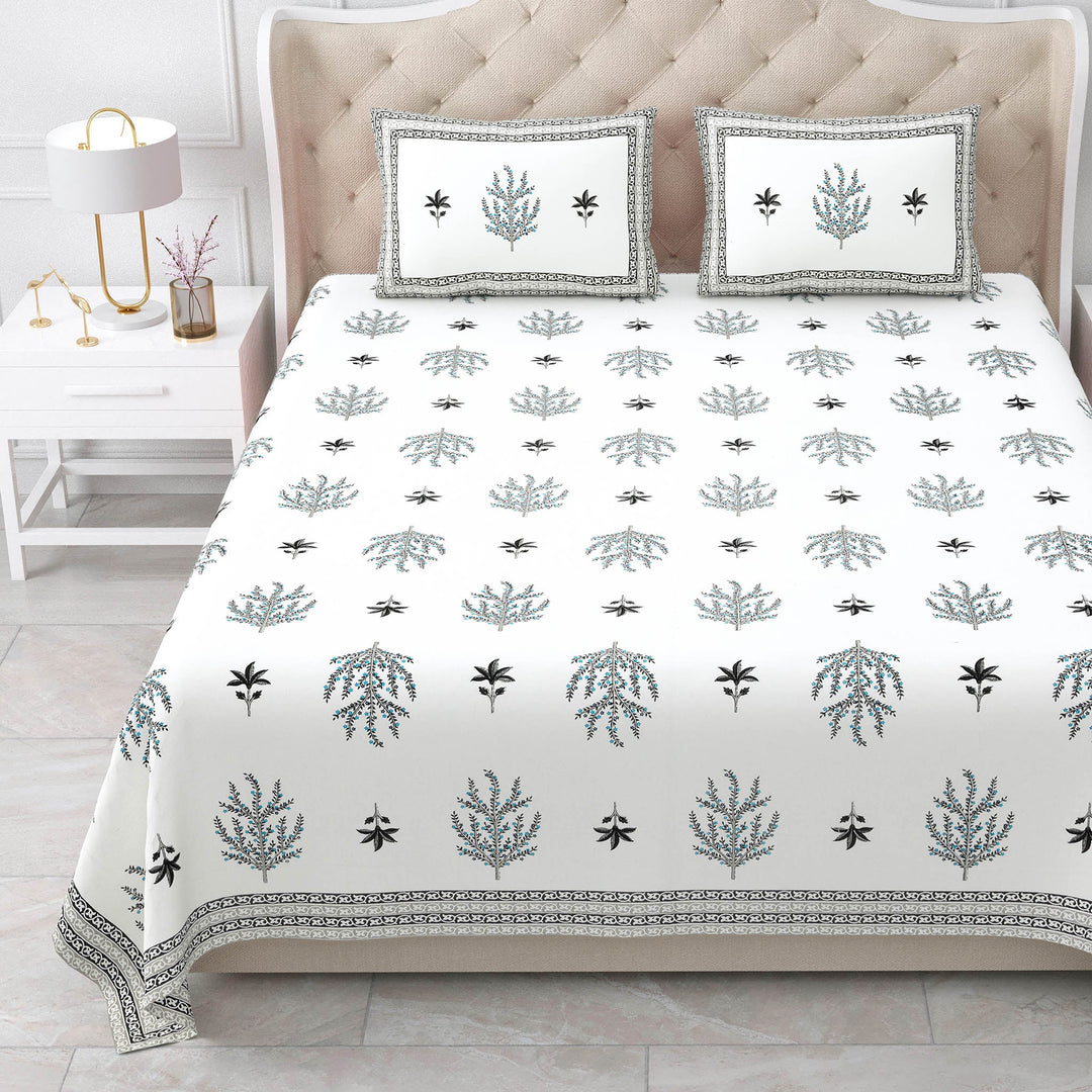 Bella Casa Fashion & Retail Ltd BEDSHEET 87 X 108 Inch / Grey & Sky Blue / Cotton Double King Size Bedsheet with 2 Pillow Covers Motifs Printed Cotton Grey & Sky Blue Colour - Heritage Collection