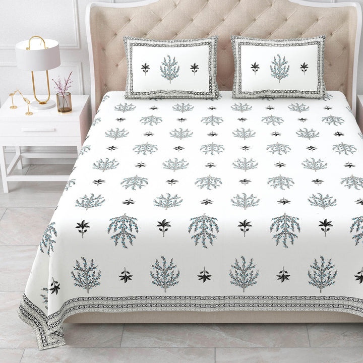 Bella Casa Fashion & Retail Ltd BEDSHEET 87 X 108 Inch / Grey & Sky Blue / Cotton Double King Size Bedsheet with 2 Pillow Covers Motifs Printed Cotton Grey & Sky Blue Colour - Heritage Collection