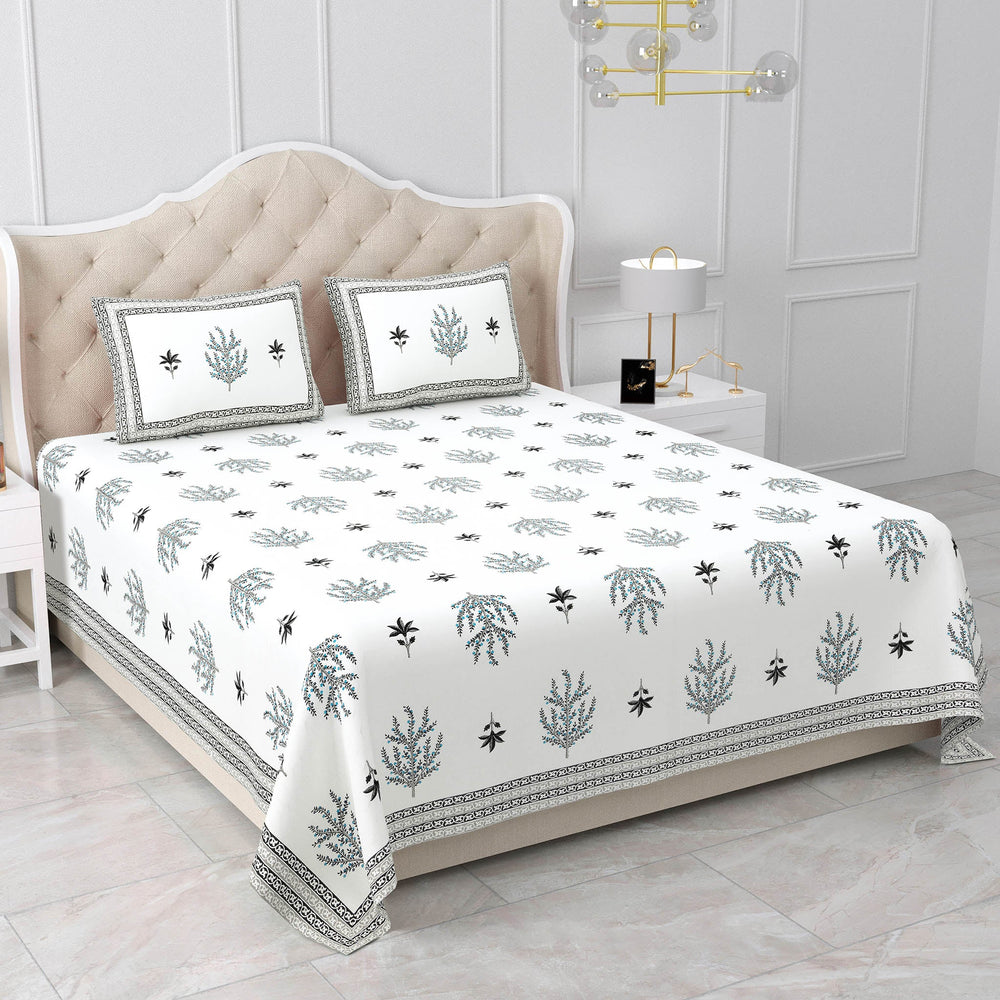 Bella Casa Fashion & Retail Ltd BEDSHEET 87 X 108 Inch / Grey & Sky Blue / Cotton Double King Size Bedsheet with 2 Pillow Covers Motifs Printed Cotton Grey & Sky Blue Colour - Heritage Collection