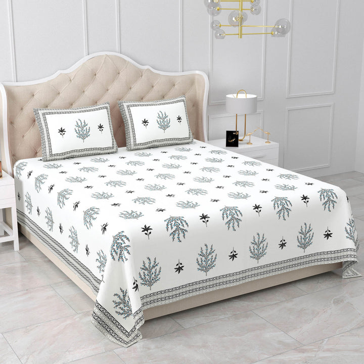 Bella Casa Fashion & Retail Ltd BEDSHEET 87 X 108 Inch / Grey & Sky Blue / Cotton Double King Size Bedsheet with 2 Pillow Covers Motifs Printed Cotton Grey & Sky Blue Colour - Heritage Collection