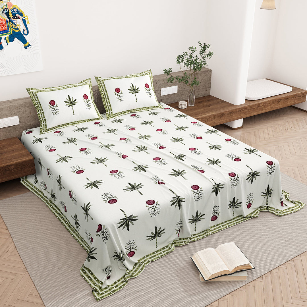Bella Casa Fashion & Retail Ltd BEDSHEET 87 X 108 Inch / Magenta & Green / Cotton Double King Size Bedsheet with 2 Pillow Covers Motifs Printed Cotton Magenta & Green Colour - Heritage Collection