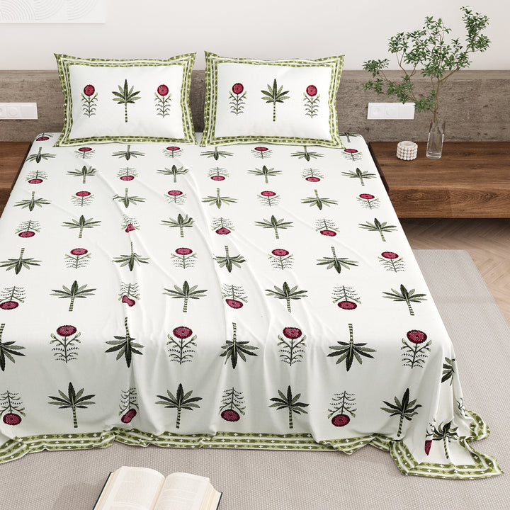 Bella Casa Fashion & Retail Ltd BEDSHEET 87 X 108 Inch / Magenta & Green / Cotton Double King Size Bedsheet with 2 Pillow Covers Motifs Printed Cotton Magenta & Green Colour - Heritage Collection