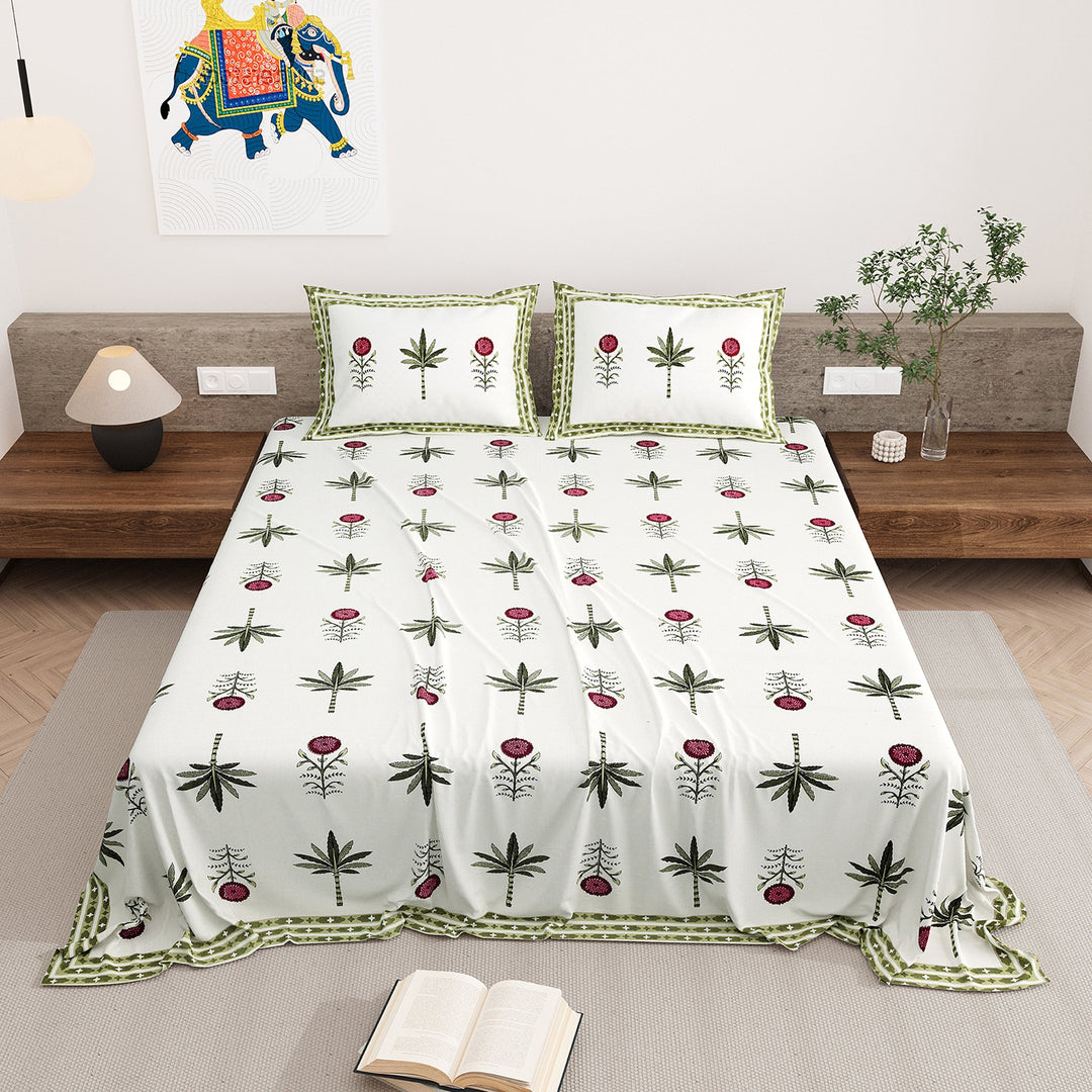 Bella Casa Fashion & Retail Ltd BEDSHEET 87 X 108 Inch / Magenta & Green / Cotton Double King Size Bedsheet with 2 Pillow Covers Motifs Printed Cotton Magenta & Green Colour - Heritage Collection