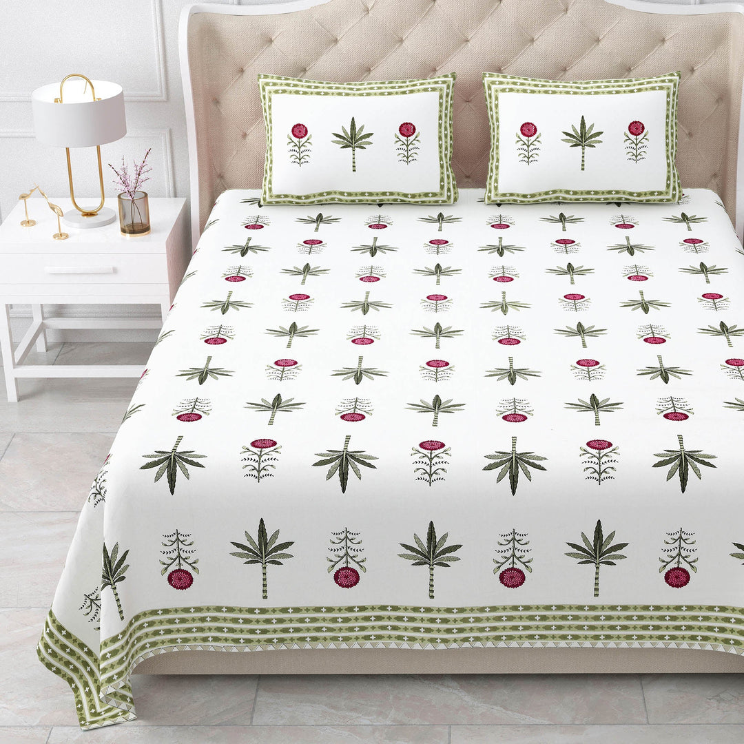 Bella Casa Fashion & Retail Ltd BEDSHEET 87 X 108 Inch / Magenta & Green / Cotton Double King Size Bedsheet with 2 Pillow Covers Motifs Printed Cotton Magenta & Green Colour - Heritage Collection
