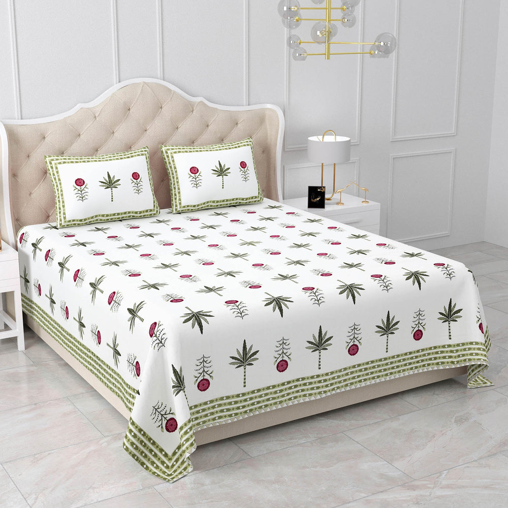 Bella Casa Fashion & Retail Ltd BEDSHEET 87 X 108 Inch / Magenta & Green / Cotton Double King Size Bedsheet with 2 Pillow Covers Motifs Printed Cotton Magenta & Green Colour - Heritage Collection
