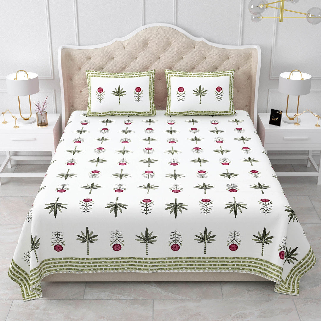 Bella Casa Fashion & Retail Ltd BEDSHEET 87 X 108 Inch / Magenta & Green / Cotton Double King Size Bedsheet with 2 Pillow Covers Motifs Printed Cotton Magenta & Green Colour - Heritage Collection