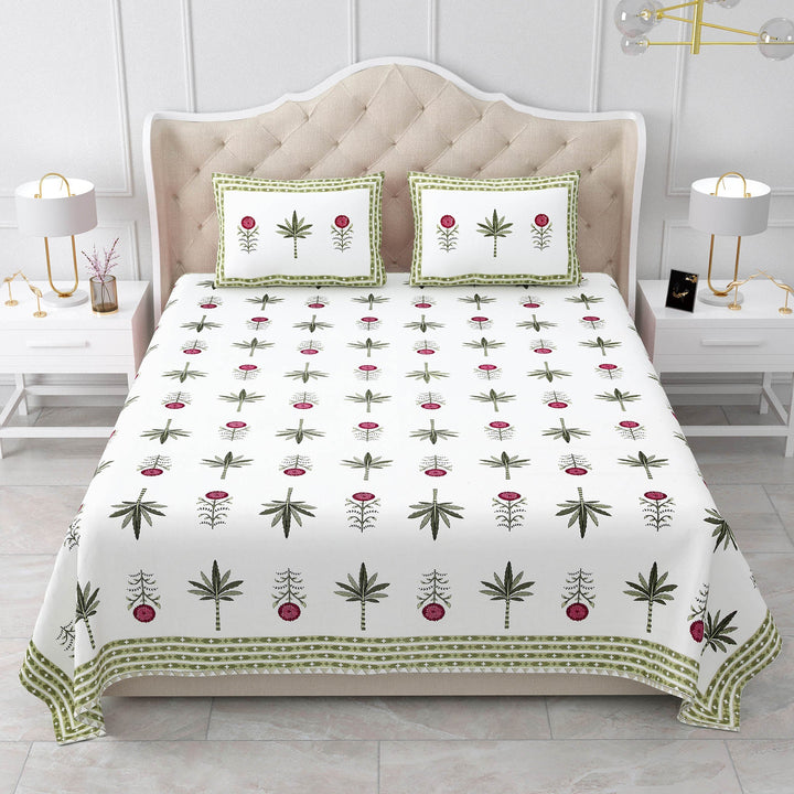 Bella Casa Fashion & Retail Ltd BEDSHEET 87 X 108 Inch / Magenta & Green / Cotton Double King Size Bedsheet with 2 Pillow Covers Motifs Printed Cotton Magenta & Green Colour - Heritage Collection