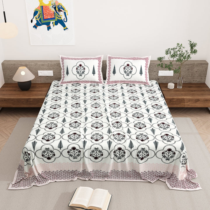 Bella Casa Fashion & Retail Ltd BEDSHEET 87 X 108 Inch / Maroon & Grey / Cotton Double King Size Bedsheet with 2 Pillow Covers Motifs Printed Cotton Maroon & Grey Colour - Heritage Collection