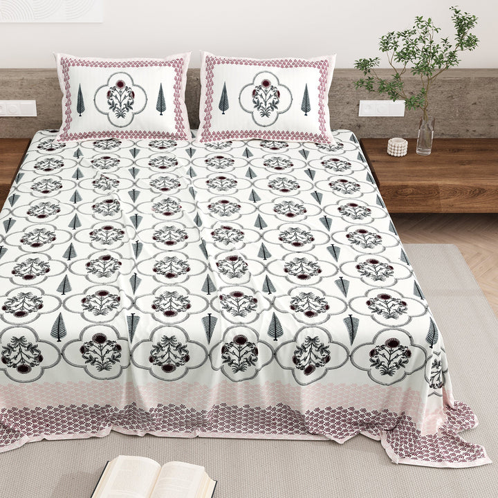 Bella Casa Fashion & Retail Ltd BEDSHEET 87 X 108 Inch / Maroon & Grey / Cotton Double King Size Bedsheet with 2 Pillow Covers Motifs Printed Cotton Maroon & Grey Colour - Heritage Collection