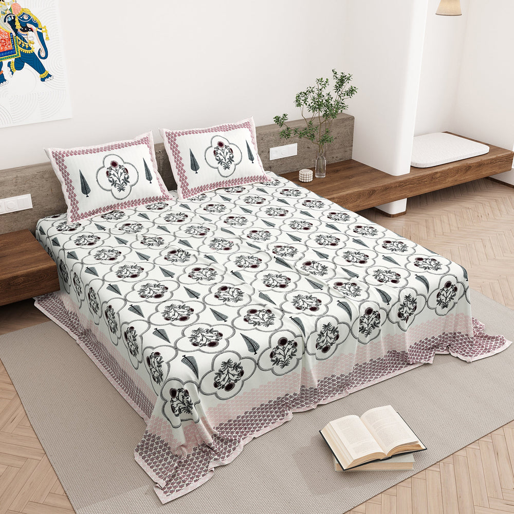 Bella Casa Fashion & Retail Ltd BEDSHEET 87 X 108 Inch / Maroon & Grey / Cotton Double King Size Bedsheet with 2 Pillow Covers Motifs Printed Cotton Maroon & Grey Colour - Heritage Collection