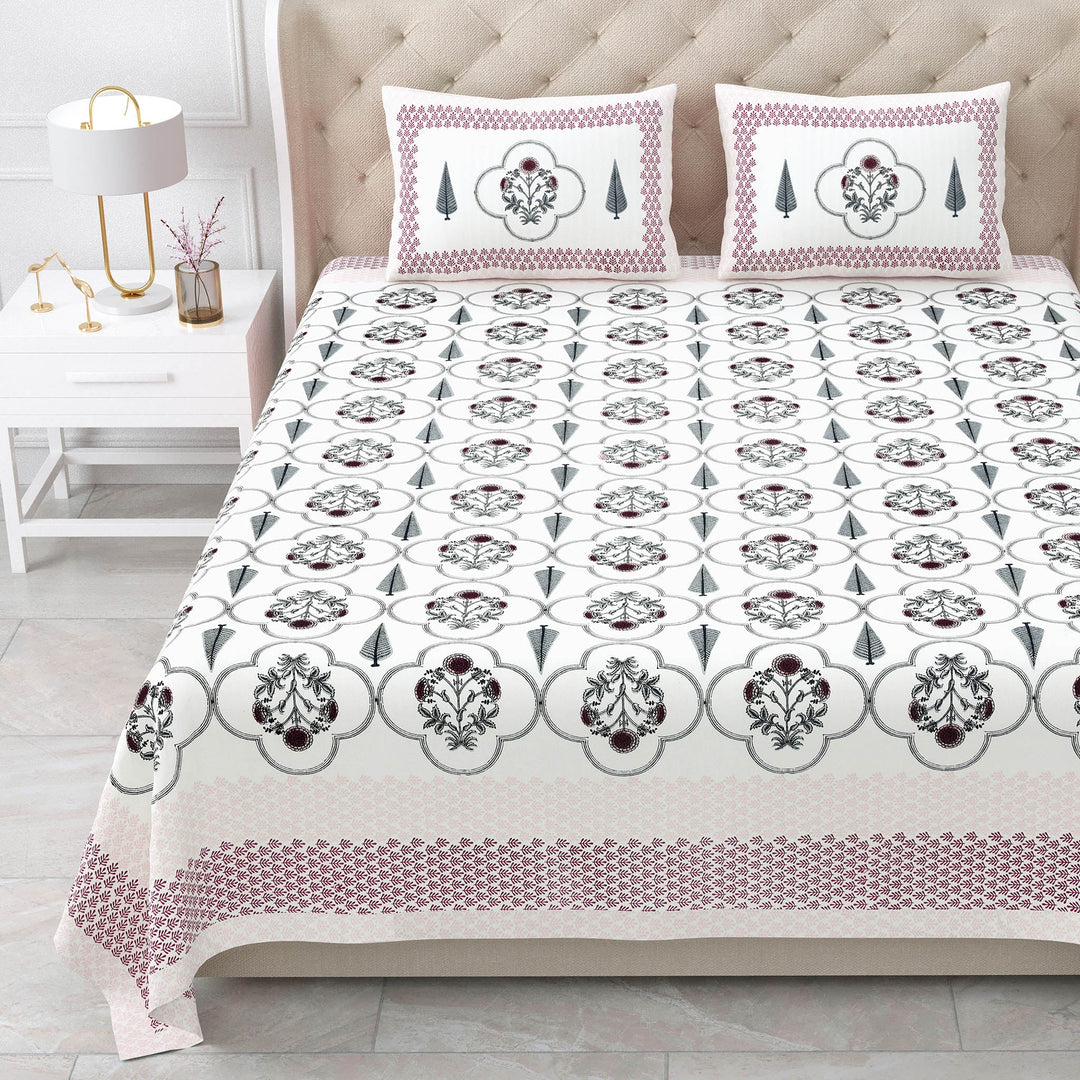 Bella Casa Fashion & Retail Ltd BEDSHEET 87 X 108 Inch / Maroon & Grey / Cotton Double King Size Bedsheet with 2 Pillow Covers Motifs Printed Cotton Maroon & Grey Colour - Heritage Collection