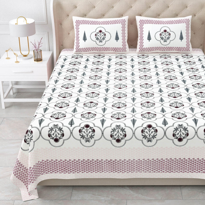 Bella Casa Fashion & Retail Ltd BEDSHEET 87 X 108 Inch / Maroon & Grey / Cotton Double King Size Bedsheet with 2 Pillow Covers Motifs Printed Cotton Maroon & Grey Colour - Heritage Collection