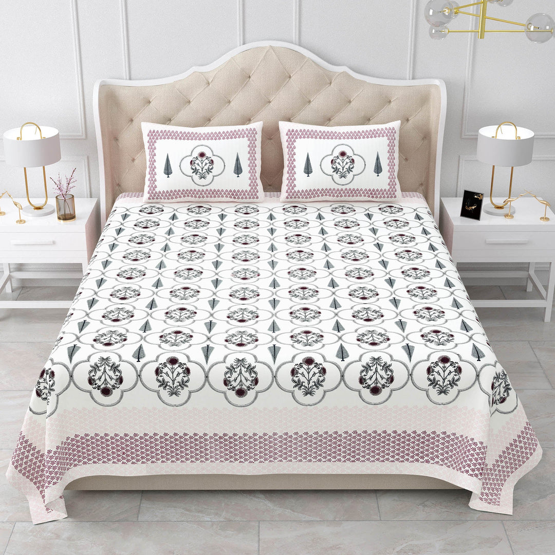 Bella Casa Fashion & Retail Ltd BEDSHEET 87 X 108 Inch / Maroon & Grey / Cotton Double King Size Bedsheet with 2 Pillow Covers Motifs Printed Cotton Maroon & Grey Colour - Heritage Collection