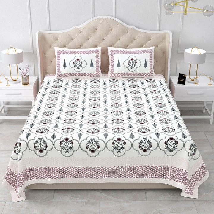 Bella Casa Fashion & Retail Ltd BEDSHEET 87 X 108 Inch / Maroon & Grey / Cotton Double King Size Bedsheet with 2 Pillow Covers Motifs Printed Cotton Maroon & Grey Colour - Heritage Collection