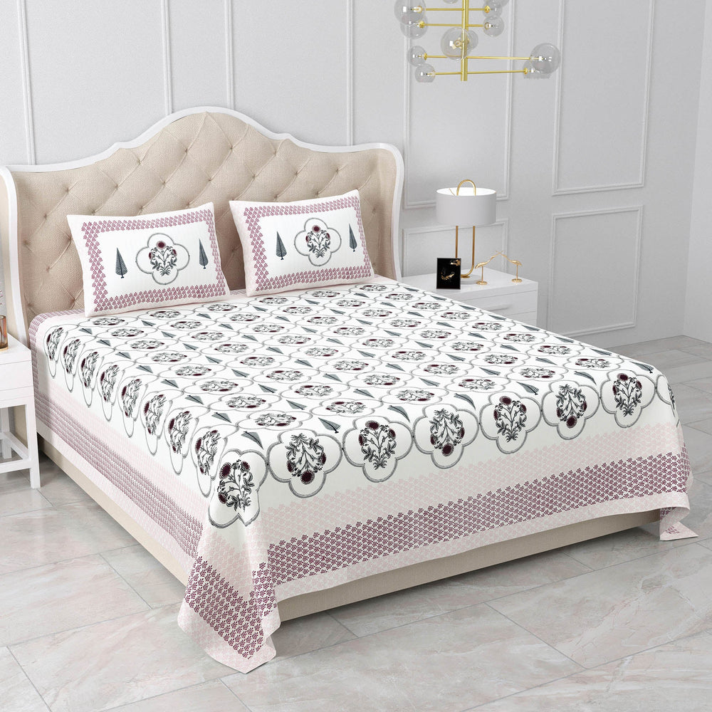 Bella Casa Fashion & Retail Ltd BEDSHEET 87 X 108 Inch / Maroon & Grey / Cotton Double King Size Bedsheet with 2 Pillow Covers Motifs Printed Cotton Maroon & Grey Colour - Heritage Collection